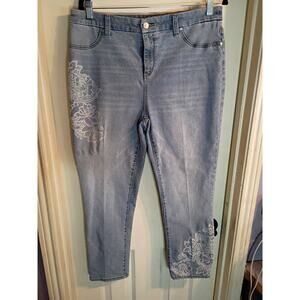 Chicos Jeans Ankle Light Wash Blue White Floral Design Sz 2/L Boho Beach